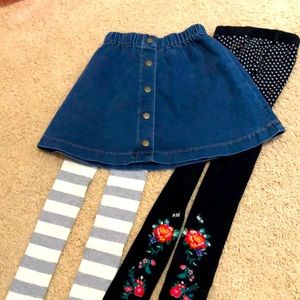 Hanna Anderson denim skirt and 2 pairs of footless tights size 6-7